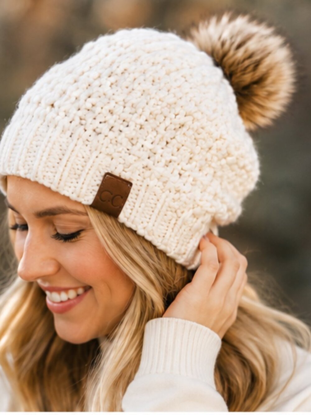 CC Cream Chunky Knit Beanie with Faux Fur Pom Pom Winter Hat